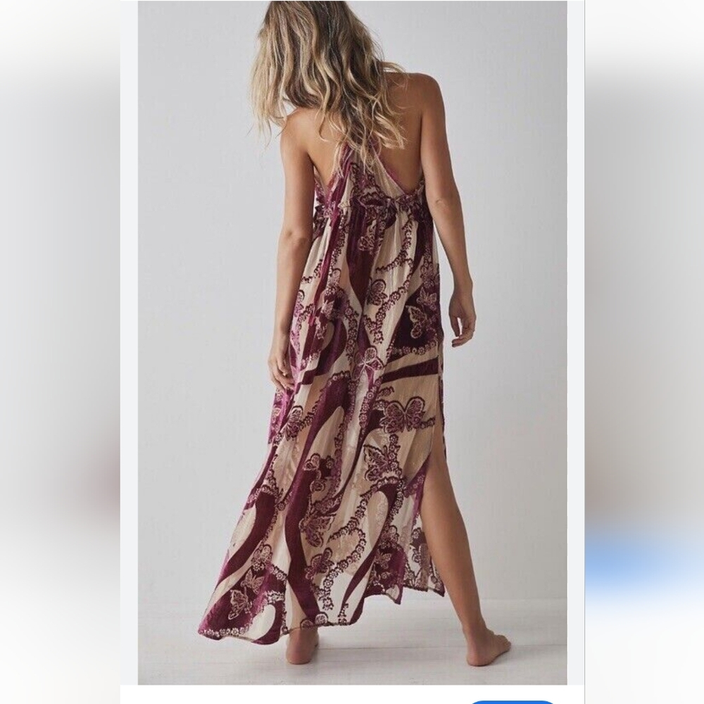 NWT FREE PEOPLE INTIMATELY WINE BALI BUTTERFLY BURNOUT VELVET SLIP MAXI DRESS - Picture 1 of 10